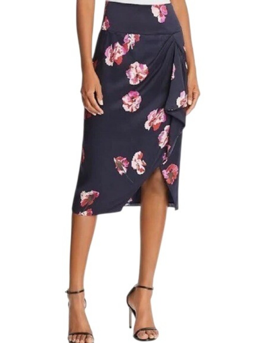 Joie Alphina Floral Draped Pencil Skirt NWT Silk Look Navy Pink Size 2 - Picture 2 of 10